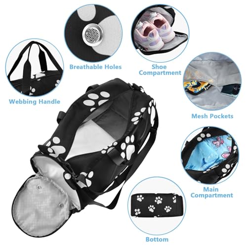 Kids Sports Duffel Bag for Boys & Girls - White Dog Paw Prints 100% Polyester Gym Bag with Separate Shoe Compartment, Adjustable Shoulder Strap, Compact Travel & Workout Gear Bag - color: White Dog Paw Prints