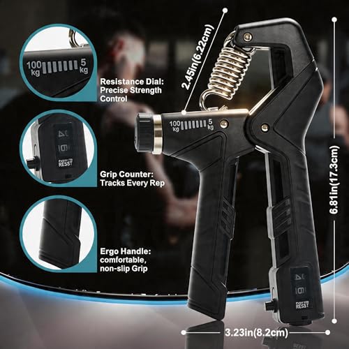 Adjustable Hand Grip Strengthener, 11–220 lbs Resistance Forearm Exerciser with Ergonomic Non-Slip Handle, Grip Trainer for Strength Training, Fitness, Weightlifting, Rock Climbing, Gym Workouts - color: Black Grey