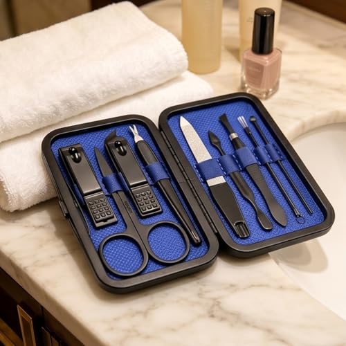 Luxury 9-in-1 Professional Manicure Set - Premium Stainless Steel Nail Clippers & Grooming Kit with Elegant Leather Travel Case for Ultimate Hand, Foot & Facial Care - Blue - color: Blue, size: 9PCS