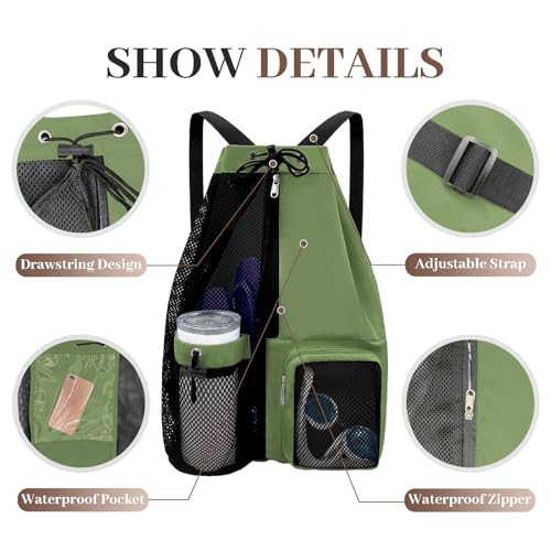 Beach Backpack with Wet Pocket Drawstring Mesh Beach Bag Waterproof Swimming Pool Backpack for Men and Women - color: Green