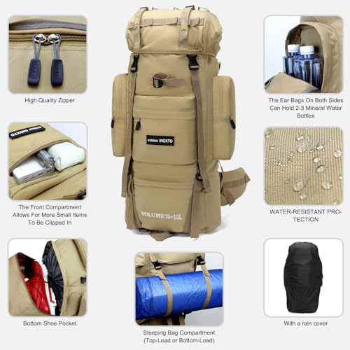 IX INOXTO 85L Lightweight Internal Frame Hiking Backpack for Men Women, Waterproof Travel Camping Backpack with Rain Cover (Khaki) - color: Khaki