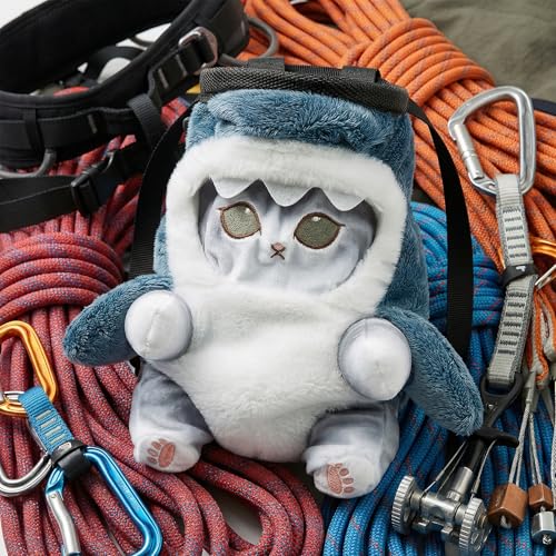 Cat Rock Climbing Chalk Bag, Fun Plush Animal Chalk Pouch with Drawstring, Adjustable Waist Belt for Indoor Outdoor Bouldering Sport Climbing - style: Large Grey Shark Cat