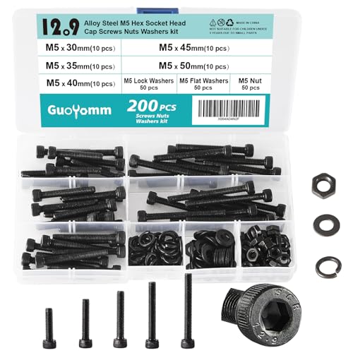 200 PCS M5 x 30mm 35mm 40mm 45mm 50mm, Hex Socket Head Cap Screws Bolts Washers Nuts Assortment Kit, 12.9 Grade Alloy Steel, Black Oxide Finish, Metric Allen Drive - size: Socket M5x30/35/40/45/50 mm