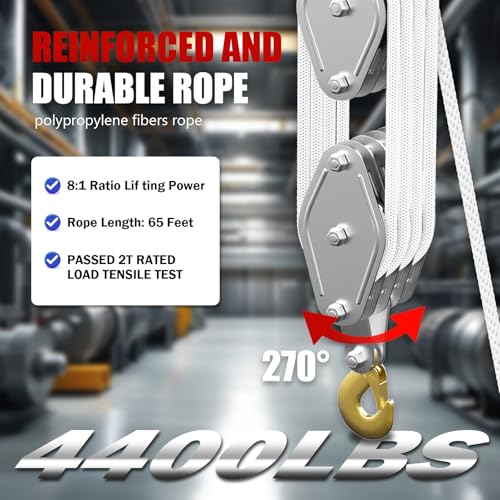 YATOINTO Rope Pulley Hoist with Metal Bearing 4400 LB, 8:1 Pulley Block and Tackle System, Pulley Block 2200LB Loading Capacity, 65ft Heavy Duty Rope Hoist for Hunting Garage Warehouse Constructions - color: White, size: UPGRADED-4wheels