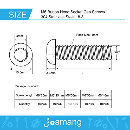 M6 x 20mm 25mm 30mm 35mm 40mm Button Head Socket Cap Screws Bolts, Stainless Steel 304, Metric Allen Hex Drive, Bright Finish, Fully Threaded, Assortment Kit 50PCS - size: Button M6x20-40 mm