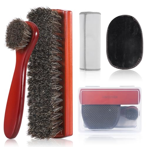 Horsehair Shine Shoes Brush Kit, Horse Hair Brush for Leather, Cleaning Leather Shoes Boots Care Brushes with Microfiber Shoe Cloth, Horsehair Brush (L, Count, 5)