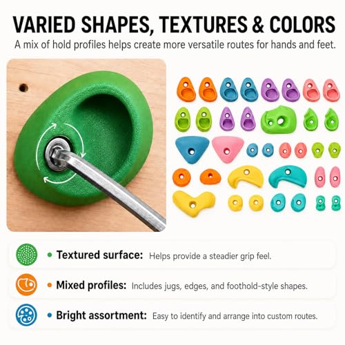 36 Pack Rock Climbing Holds with M10 Hardware, Textured Resin Wall Grips | Assorted shapes for route setting; fits garage & home gym wood walls; 230lb capacity; adult install required