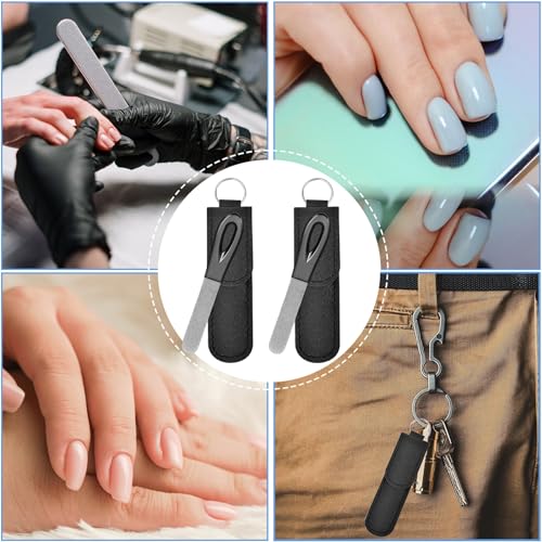 Metal Nail File with Case, 2 Pack Keychain Nail Files for Natural Nails, Fingernail Files Diamond Round Tip Stainless Steel Double Sided Fine Grit Sapphire Filer with Leather Sheath Travel Black - size: 2 Pack 3.6 in Gunmetal/Black Keychain
