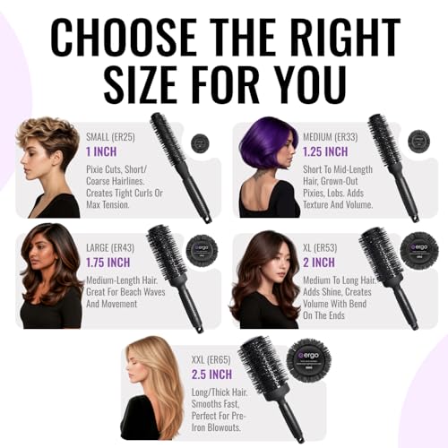 ERGO Ceramic Ionic Round Brush for Blow Out - Salon Quality Hair Brushes for Women - Roller Brush for Blow Drying, Wet and Dry Hair Styling, Volumizing Hair Care - ER65: 2.5" - size: 2X-Large - 2.50 Inch