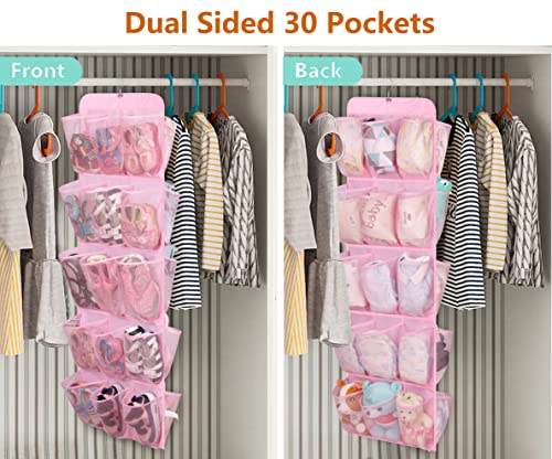 MISSLO 30 Large Pockets Dual Sided Hanging Shoe Organizer for Closet with Rotating Hanger Hanging Shoe Shelves, Pink - color: Pink