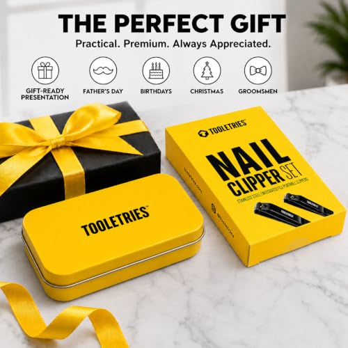 TOOLETRIES Premium Nail Clipper Kit with Travel Tin - Black | Premium grooming kit featuring stainless steel finger & toenail clippers in a reusable tin: for home, travel & gifting.