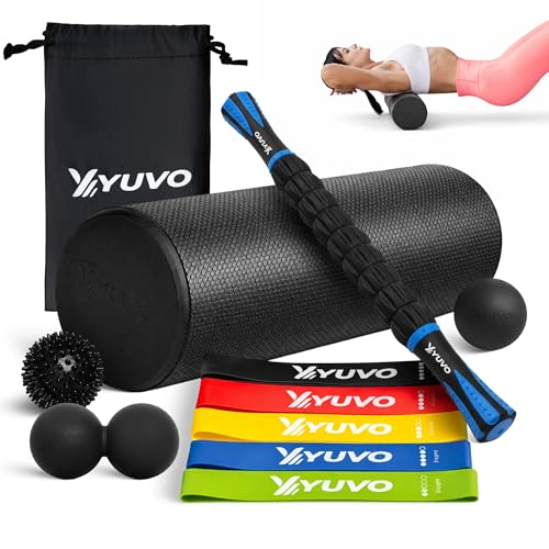 6-in-1 Foam Roller Set with Resistance Bands & Lacrosse Ball | Extra-long 18" foam roller and 17" massage stick provide greater coverage for faster, more effective full-body muscle relief.