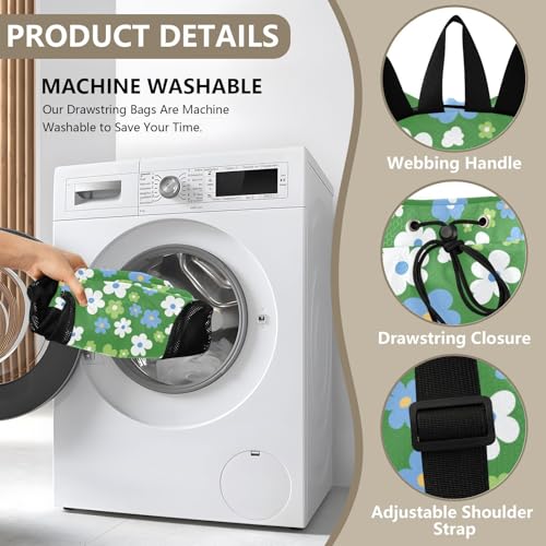 Drawstring Bags Climbing Gym Bag With Water Bottle Holder Cinch Sacks Dry Wet Separation Green White and Blue Flowers