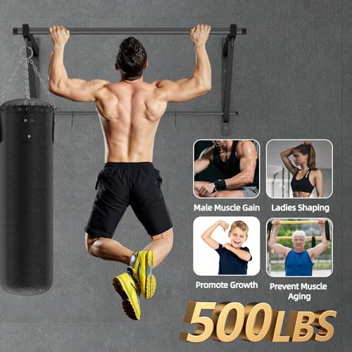 Adjustable Depth Pull Up Bar, Wall & Doorway Mounted Chin Up Bar with Hooks, Thickened Steel Construction, 500LBS Heavy Duty Capacity, Home Garage Upper Body Strength Training Equipment - color: Carbon Black