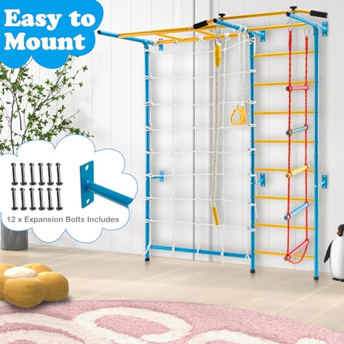 HONEY JOY Climbing Toys for Toddlers, Upgrade Metal Indoor Kids Gym for Solid Wall, Playground and Climbing Exercise Set with Rope Ladder, Pull-up Bar, Monkey Bars, Gymnastic Rings (7 in 1) - size: 7 In 1