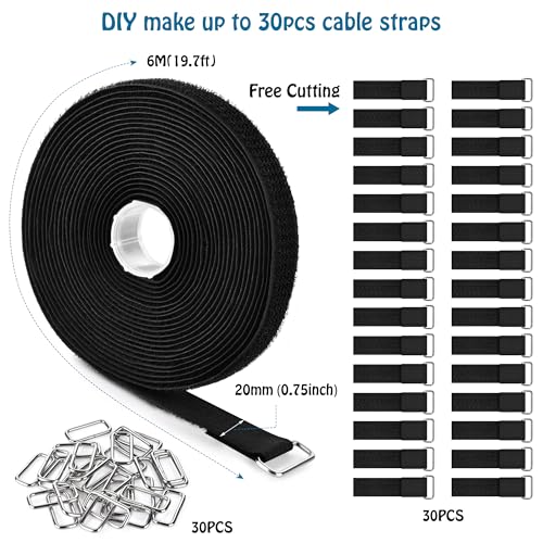 Nettbe 0.75"x19.7ft Hook and Loop Straps with 30 Buckles Adjustable Cut-to-Length Cable Ties - Reusable Nylon Fastening Tape Cable Straps for Storage or Organization (0.75in x 19.7ft) - size: 0.75in x 19.7ft