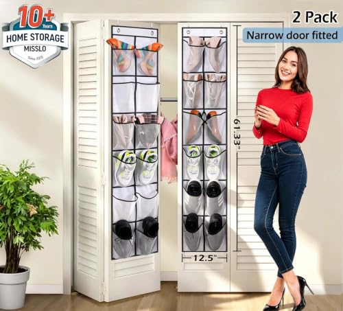 MISSLO Over The Door Shoe Organizer 12 Large Mesh Pockets Hanging Narrow Closet Door, White, 2 Pack - color: White