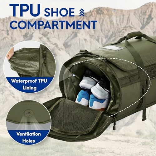 Haimont Heavy Duty Convertible Travel Duffel Backpack, Army Green, 90L | Shoe Compartment, Water-Resistant Tarpaulin, Wide U-Shaped Opening - color: Green, size: 90L