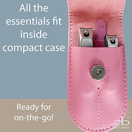 Nail Clippers by Zizzili Basics - 3 Piece Nail Clipper Set - Stainless Steel Fingernail & Toenail Clippers with Nail File & Bonus Pink Carry Case - Best Nail Care for Manicure, Pedicure, Home & Travel - color: Pink Case