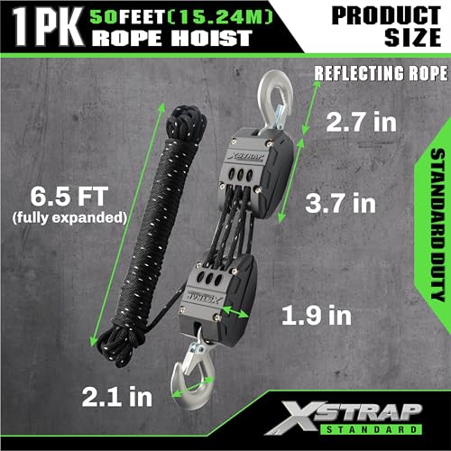 XSTRAP STANDARD 50FT Reflective Rope Hoist Pulley Block & Tackle 5:1 System | 1000 LB Working Load, 2000 LB Break Strength, 50 FT Rope Hoist with 2 Soft Loops for Garage, Hunting & DIY Attic Lift - color: Reflective Black