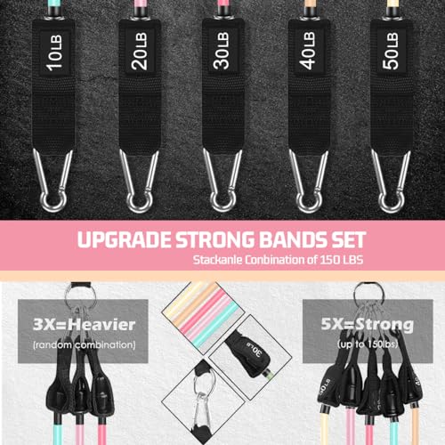 VEICK 10-150LBS Resistance Bands with Handles, Ankle Straps, Door Anchor | Accredited Lab Certified, 100% Natural Latex, Versatile for Yoga, Pilates, Strength, Home Gym - color: Light Pink, style: 10-150LBS