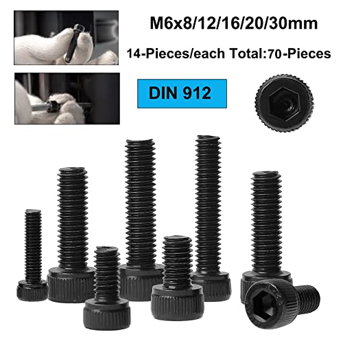 70PCS Hex Socket Head Cap Screws Bolts, M6 x 10/12/16/20/30mm, Allen Head Internal Hex Drive Machine Screws Set with Hex Wrenches, Grade 12.9 Alloy Steel, Black Oxide, Fully Threaded: 1.0mm
