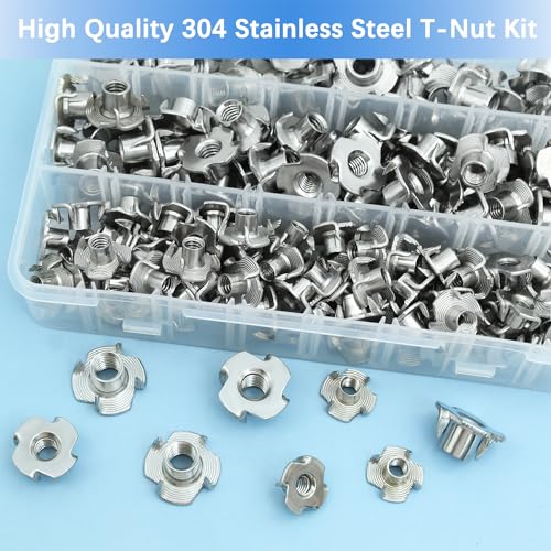 T Nuts 1/4"-20, 5/16"-18, 3/8"-16, Jovlalis 160pcs T-nut 304 Stainless Steel 4 Pronged Tee Blind Nuts Threaded Insert Assortment Kit for Wood, Rock Climbing Holds, Cabinetry, Furniture