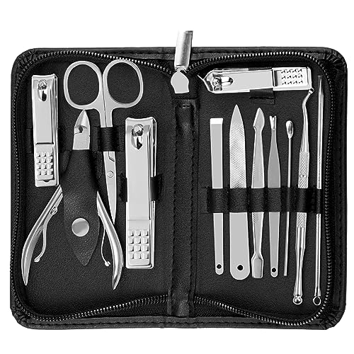 Manicure Pedicure Set - Nail Clippers Toenail Clippers Kit,Professional Manicure Kit Pedicure Kit,Nail Care Kit with,Travel Case, Set of 12 - color: Black