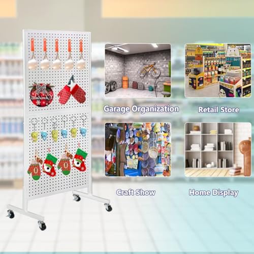 NectaCol 2'x 5' Standing Pegboard Display with T-Base, Pegboard Display Stand with Wheels, Metal Peg Board Display Rack, Art Display Stand, Extra 10 Pieces Hooks - White - size: 1-Pack White