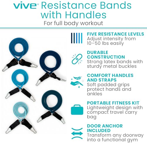 Vive Resistance Band Set (11 PCS) (With App) - Versatile Exercise Tubes with Wide Handles, Workout Poster, & Door Anchor - Adjustable 10-50 LB Tension for Full Body Home Fitness & Rehab -for Men/Women