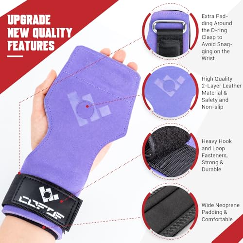 COFOF Weight Lifting Wrist Strap, Double Layer Leather Wrist Strap for Deadlift and Powerlifting, Adjustable Neoprene Padded Gym Workout Lifting Hooks (Pair) - color: Purple