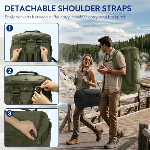 Haimont Heavy Duty Convertible Travel Duffel Backpack, Army Green, 90L | Shoe Compartment, Water-Resistant Tarpaulin, Wide U-Shaped Opening - color: Green, size: 90L
