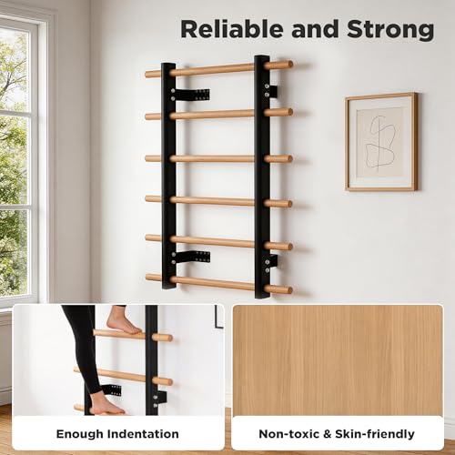 Half Height Swedish Wall Ladder Bar Full Body Workout for Small Home Gym | Compact wall design,Wood rungs & steel brackets suit family full body stretch, gymnastics & home fitness