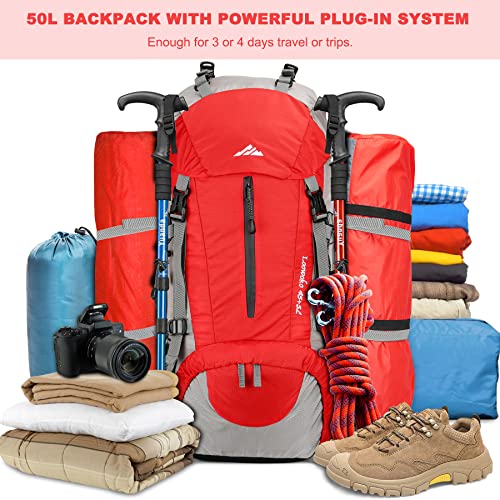 Loowoko 50L Hiking Backpack, Waterproof Camping Essentials Bag with Rain Cover, 45+5 Liter Lightweight Backpacking Back Pack - color: Red