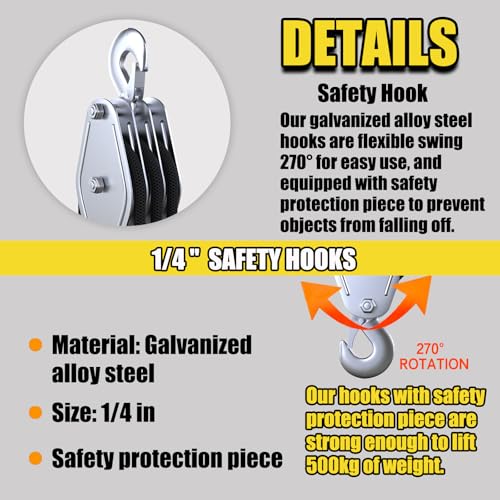 Block and Tackle 1100 lbs, 2200 LBS Breaking Strength Heavy Duty Pulley, 50 Ft 3/8" Rope Pulley, 5:1 Lifting Power Pulley System, Pulley Hoist for Animal Husbandry, Warehouses, Constructions - color: WHITE