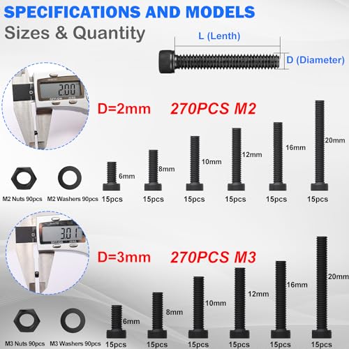 mxuteuk 540PCS M2 M3 Metric Screws Assortment Set Suitable for 3D Printer DIY,Hex Socket Head Cap Screws Bolts Nuts Kit,12.9 Grade Alloy Steel Black Zinc Plated Assorted Screws with Hex Wrench - size: 540PCS M2 M3, style: Hex Socket Head