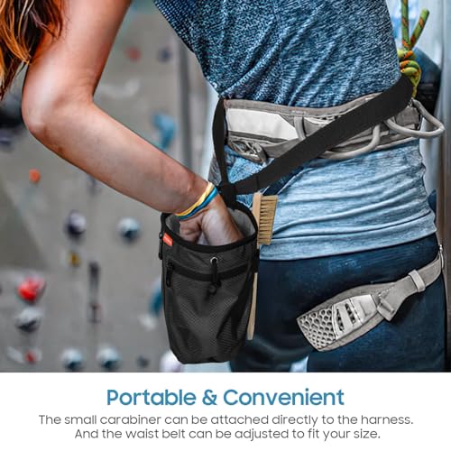 MoKo Climbing Chalk Bag with Brush for Rock Climbing, 2 Zippered Pockets | Waterproof nylon with soft lining, includes brush, 2 zippered pockets, drawstring + adjustable belt, for rock climbing