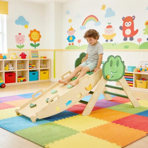 Takywep Pikler Triangle Set, 7-in-1 Foldable Pikler Triangle Climbing Toys Set with Arch & Ramp & Ladder, Indoor Playground Gym, Wooden Montessor Climbing Set for Kids Toddler - color: Green-frog