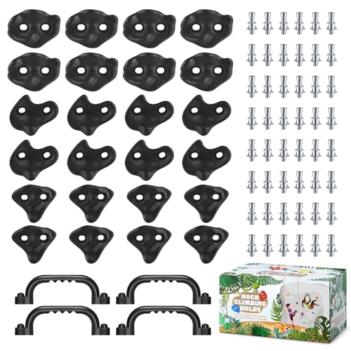 18PCS Climbing Holds for Kids,Large Climbing Holds for Play Set, Rock Wall Climbing Kit with Hardware for Indoor and Outdoor Climbing, Swingset - Adult Rock Wall Holds with Mounting Hardware (Black) - style: 24pcs Climbing Holds & 4 Handles