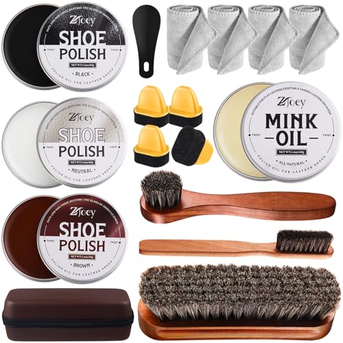 17Pcs Leather Shoe Polish Set Travel Boots Shine Care Kit Horsehair Brushes for Men Him Husband Dad (Style A)