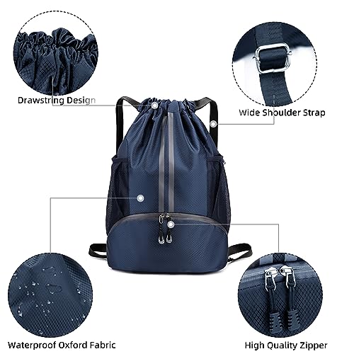 Valleycomfy Sports Drawstring Backpack - Water Resistant String Bag | with Side Mesh Pockets Shoe Compartment Gym Backpack for Women & Men Dark Blue - color: A-dark Blue
