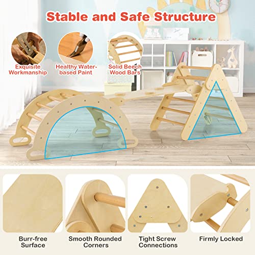 HONEY JOY 5 in 1 Wooden Climbing Toys for Toddlers, Triangle Climber with Ramp for Sliding or Climbing, Indoor Beech Montessori Triangle Climbing Arch Set for Daycare, Gym & Playground, Natural - style: 5 In 1