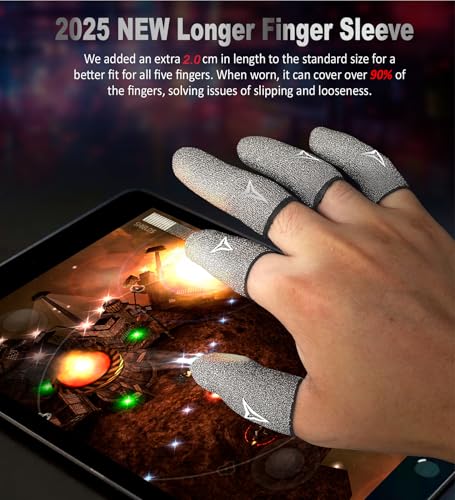 Longer Size for 5 Fingers, No More Slipping,Professional Pure Silver Fiber Finger Sleeves for Mobile Gaming– Maximum Touch Sensitivity, Anti-Sweat,6 Pack (M) - size: M