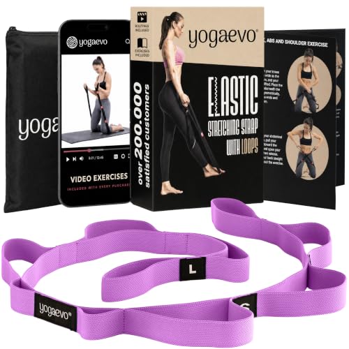 YogaEVO Elastic Stretching Strap with Loops for Physical Therapy | 2-in-1 Yoga Strap & Resistance Band — Flexibility & Back Recovery - color: Purple