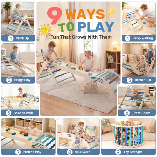Pikler Triangle Set, 9-in-1 Foldable Montessori Climbing Toys for Toddlers, Wooden Indoor Playground with Climbing Arch, Reversible Ramp, Ladder, Toy Cars and Blocks, Blue - color: Blue
