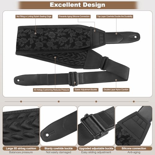 Guitar Strap and Bass Strap, Embroidered Guitar Strap, Adjustable Strap Length, Equipped with 3D Sponge Filled Foam Pad, Comes with 4 Picks + 2 Strap Locks, Best Gift for Guitar Players, Black - color: Black Embroidery