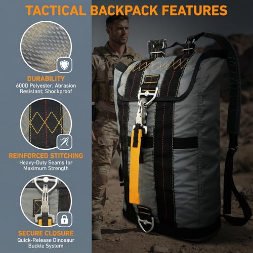 Military Tactical Backpack with Parachute Buckles, Nylon Daypack | Built for men and women for travel, outdoor hiking, camping, trekking, climbing, college, and daily carry - color: Grey
