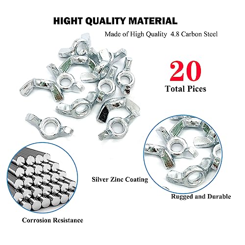 20 PCS 3/8-16 Inch Wingnuts, Quality Carbon Steel Wing Nuts Zinc Plated Fasteners Parts Butterfly Nut, Hand Twist Tighten Hardware Nuts Butterfly Wing-Nut 3/8-16” Assorted Kit - size: 3/8"-16 - Carbon Steel - 20 Pcs