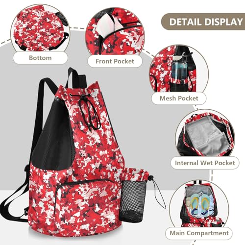 Drawstring Beach Backpack Climbing Gym Bag With Water Bottle Pocket Cinch Sacks Waterproof Red Camouflage Camouflage