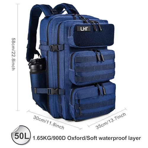 LHI Tactical Military Backpack for Men and Women 25L/35L Army Assault Pack Bag Small Rucksack with Bottle Holder - color: 50l-shoe Compartment(blue), size: Large